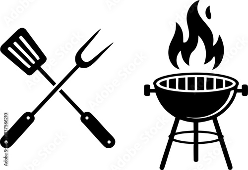 Black Silhouette Icons of BBQ Grill with Flames and Crossed Spatula & Fork – Outdoor Cooking, Barbecue Tools, Summer Picnic, Grilling Symbol Art