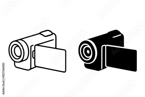 Camcorder icon illustration, black and white, outline and silhouette versions