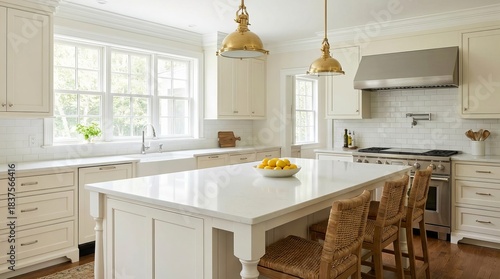 Interior design of a beautiful kitchen featuring a large island, bright cabinetry, and elegant finishes inside a modern colonial home