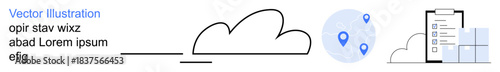 Cloud storage, data management, navigation, technology systems, information sharing, digital tools. Outline of cloud, map pins and data sheets. Cloud storage and data management concepts