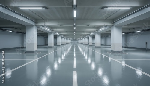 Empty underground parking garage with concrete columns and bright lights
