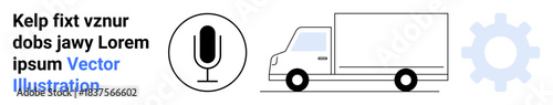 Audio technology, logistics transport, shipping solutions, tech innovation, sound recording, engineering. Black microphone icon, delivery truck and gear symbol. Audio technology and logistics