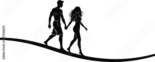Silhouette, couple walking, hand in hand, romantic moment, casual outfit, curved path, black and white, minimalist, companionship, motion, illustration