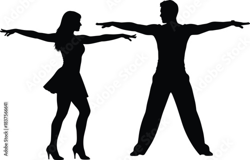 Silhouette of a Latin Couple Dancing in Stylish Attire, Practicing Salsa or Cha-Cha Steps with Arms Extended