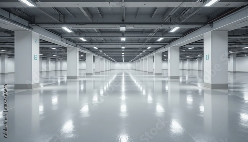 Empty underground parking garage with concrete columns and lights