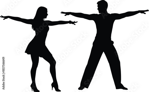 Silhouette of dancing couple, synchronized pose, extended arms, fashion contrast, black shadow, performance art, dramatic stance, artistic movement, dance expression, elegance