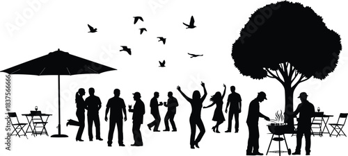 Outdoor summer backyard barbecue party silhouette, happy friends gathering, dancing, and grilling under a tree and umbrella, simple illustration.