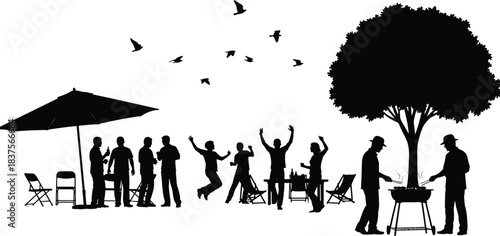 Outdoor summer backyard barbecue party silhouette, happy people celebrating, cooking food, social gathering event, and relaxation concept.