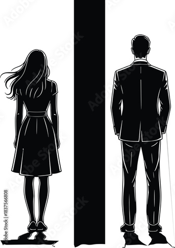 Couple Divided by Black Wall, Silhouette of Man and Woman Standing Apart, Divorce Concept.