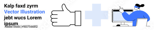 Healthcare, approval, collaboration, teamwork, digital services, and communication. A thumbs up icon, a cross and a medical professional at a computer. Healthcare and approval