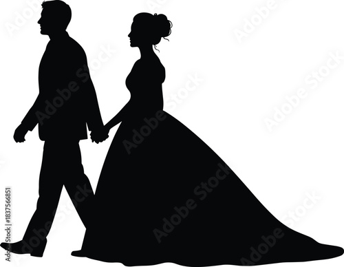 Wedding silhouette, couple holding hands walking, bride long dress, groom suit, marriage love black and white, engagement.