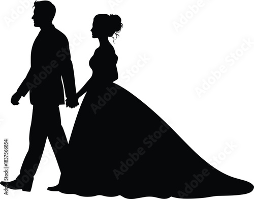 Wedding couple silhouette holding hands walking bride groom elegant love marriage ceremony celebration engagement happy people husband wife togetherness romance event.