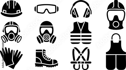 Assorted Personal Protective Equipment Icons: Helmet, Goggles, Gas Masks, Gloves, Boots, Vest, and Apron