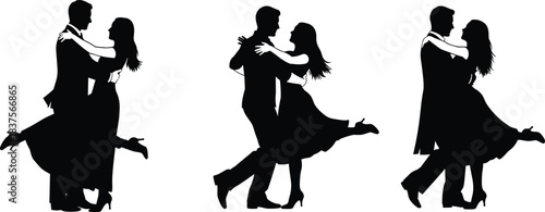 Romantic, Black and White Vector Illustration of Partners in Formal Evening Wear Performing a Dynamic Waltz or Swing.