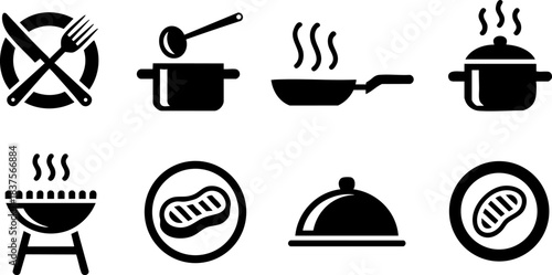 Cooking Icons Collection: Pots, Bowls, Steam, Grills and Serving Dishes for Kitchen and Food Topics