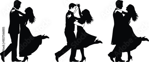 Romantic Couple Performing Dynamic Waltz, Tango, or Foxtrot Steps in Black and White Digital Vector Illustration