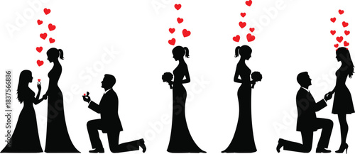 Romantic proposal and wedding silhouettes featuring diverse couples expressing love and commitment with heart symbols on a white background, marriage concept, celebration, forever.