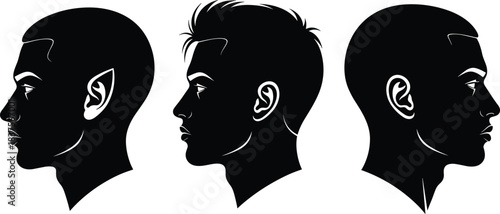 Male silhouette profile set featuring fantasy elf, modern human, and athletic male with distinct haircuts, side view black vector illustration