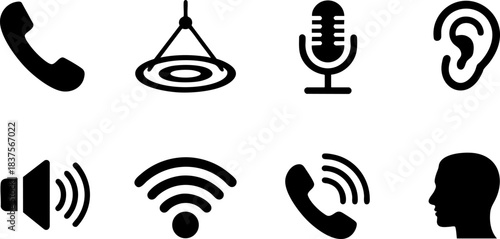 Communication Icons Set: Phone, Microphone, Ear, Speaker, WiFi, and Related Symbols for Digital Interaction