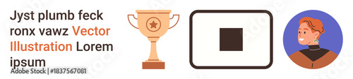 Achievements, profile identity, abstract design, awards, digital badges, minimalism. Gold trophy, outlined square and colorful profile avatar with placeholder text. Achievements and profile identity