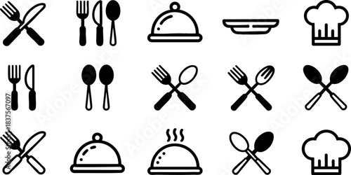 Kitchen Utensils and Serving Icons: Cutlery, Chef Hat, Cloche, Plate, Fork, Knife, Spoon
