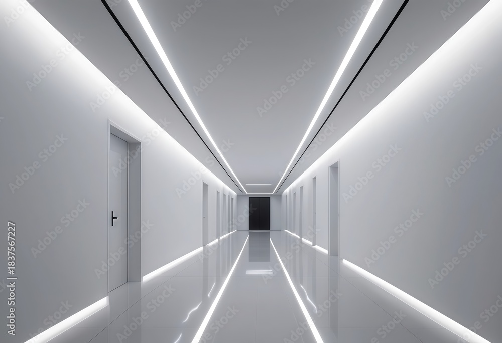Obraz premium Futuristic white corridor with linear led lighting and rows of doors , Concept