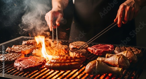 Fototapeta Naklejka Na Ścianę i Meble -  Grilling Meat on a Barbecue with Flames and Smoke.