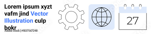 Productivity, global connectivity, time management, organization, scheduling, workflow. A gear, globe and calendar icon. Productivity and global connectivity through clear visuals