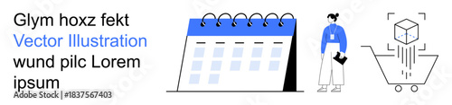 E-commerce, online shopping, logistics, delivery management, scheduling, digital commerce. Visual elements include a calendar, person with a clipboard shopping cart and box illustration. E-commerce