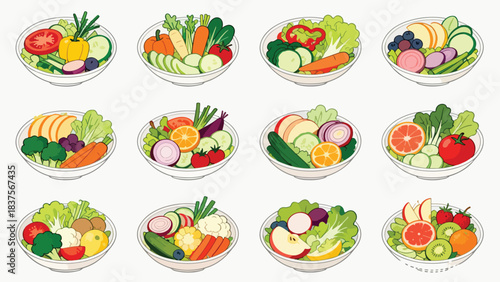 illustration of a healthy meal set consisting of fresh and beautiful vegetable salad and fruits