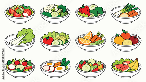 Comprehensive Healthy Food Icons Set: Meals, Salads, Fruits, Vegetables, and Snacks Collection