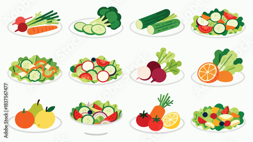 Healthy Salad and Fruit Bowl Collection: Fresh Vegetable and Fruit Mixes