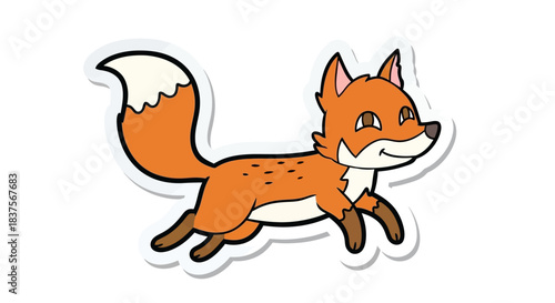 Cartoon Sticker of a Running Fox with Orange Fur and a Bushy Tail on a White Background