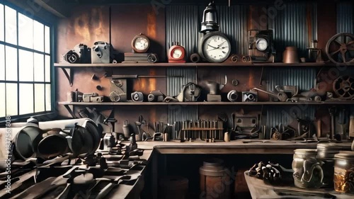 A dimly lit, nostalgic workshop or garage interior with worn, wooden shelves and rusty metal walls adorned with a multitude of vintage tools, equipment created with generative ai
