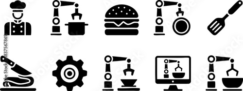 Robotic Cooking Icons Set – Smart Kitchen Automation, AI Chef, Food Preparation, Culinary Robots, Modern Restaurant Technology, Industry 4.0 Concept