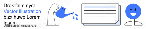 Growth, education, knowledge sharing, communication, teamwork, personal development. Watering can pouring over abstract document and smiling blue figure elements. Growth and education concepts