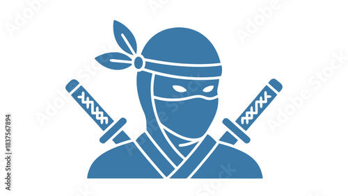 Stylized Illustration Of A Ninja Warrior Head Silhouette With Crossed Swords In A Blue And Black Color Scheme On A Black Background
