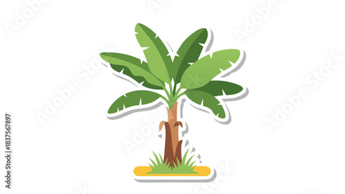 Stylized Illustration of a Lush Green Banana Tree with Broad Leaves and a Textured Brown Trunk Growing in Vibrant Green Grass on a Yellow Sandy Base Against a Black Background