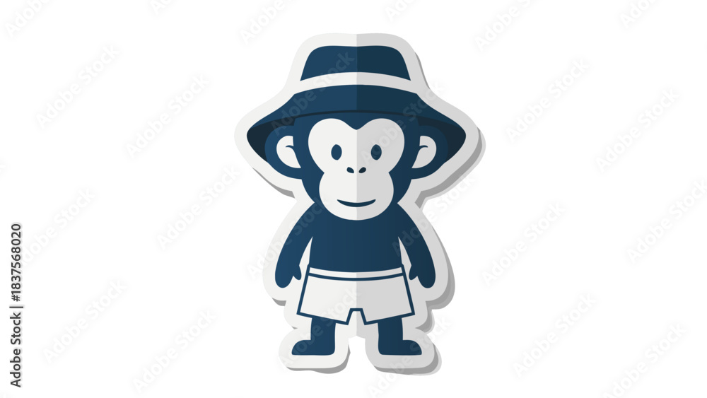 Fototapeta premium Stylized Dark Blue Monkey Wearing A Fedora Hat And Striped Shorts Standing Against A White Background With Soft Shadows