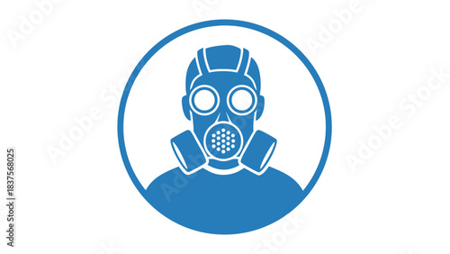 Stylized Graphic Icon of a Person Wearing a Gas Mask Surrounded by a Circular Border on a Black Background in a Minimalist Blue and Black Color Scheme