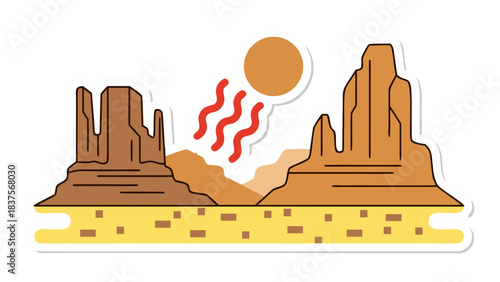 Stylized desert landscape with rock formations and a hot sun depicted with wavy heat lines in a flat design illustration style representing a dry arid environment.