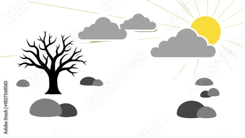 Stylized illustration of a bare tree and clouds against a black background with a bright yellow sun and yellow sunbeams radiating outwards conveying a sense of morning or daytime.