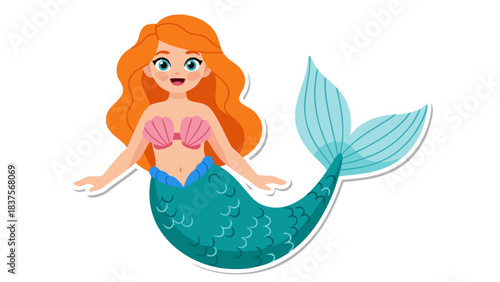 Stylized Illustration of a Cheerful Cartoon Mermaid with Fiery Red Hair and Teal Green Scaly Tail Smiling Brightly with Blue Eyes and Pink Seashell Top Against a Simple Background