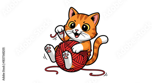 Adorable orange tabby kitten playing with a large ball of red yarn cartoon style