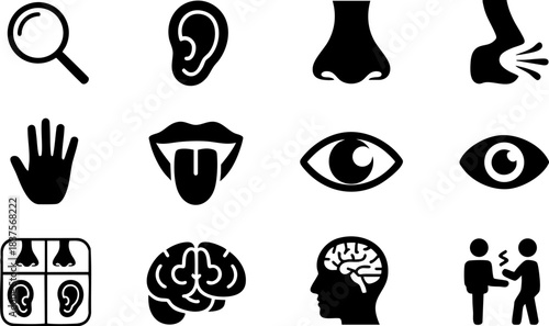Black human senses icons set including ear, nose, eye, hand, tongue, brain, and communication symbols for medical, educational, and infographic design use.