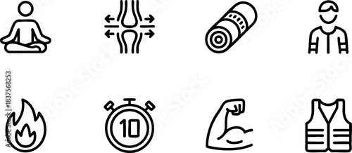Yoga and wellness icons set – stretching, meditation, muscle strength, fitness timer, calorie burn, joint health, body balance, and workout vector design