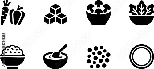 Healthy food icons set – vegetables, grains, salad, sugar cubes, and cooking symbols for nutrition, diet, organic eating, and culinary vector design