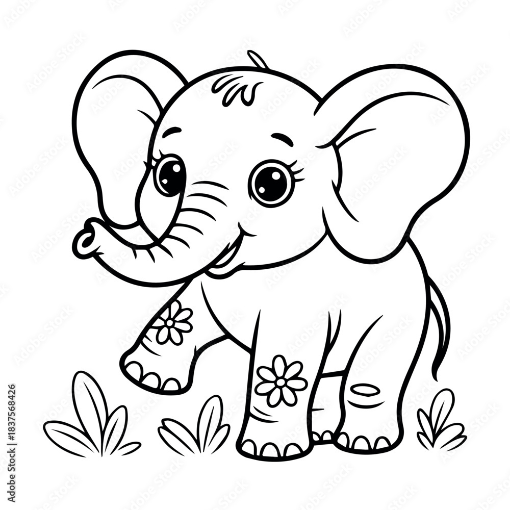 Fototapeta premium Cute baby elephant coloring page for kids printable outline drawing vector illustration for children fun 100