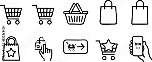 Shopping cart icons set – online store basket and bag symbols collection, e-commerce and retail line design, digital shopping vector illustration