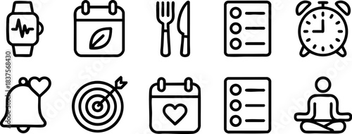 Healthy lifestyle habit icons set. Fitness, wellness, diet, meditation, schedule, planner, mindfulness, smartwatch, and health tracker line icons.